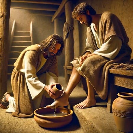 Humildade – A Beleza da Santidade Jesus lavando os pés dos discípulos (GPT)
